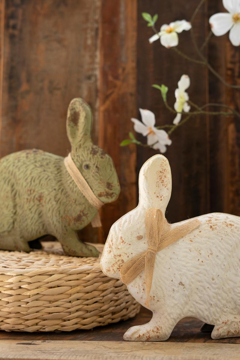 Box of 2 — Set of 2 Painted Antique Green and White Metal Rabbits