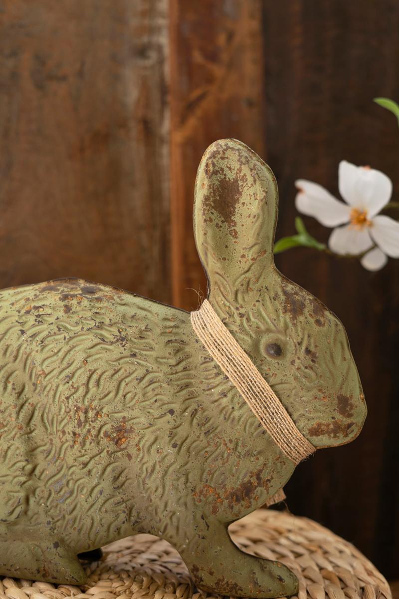Box of 2 — Set of 2 Painted Antique Green and White Metal Rabbits