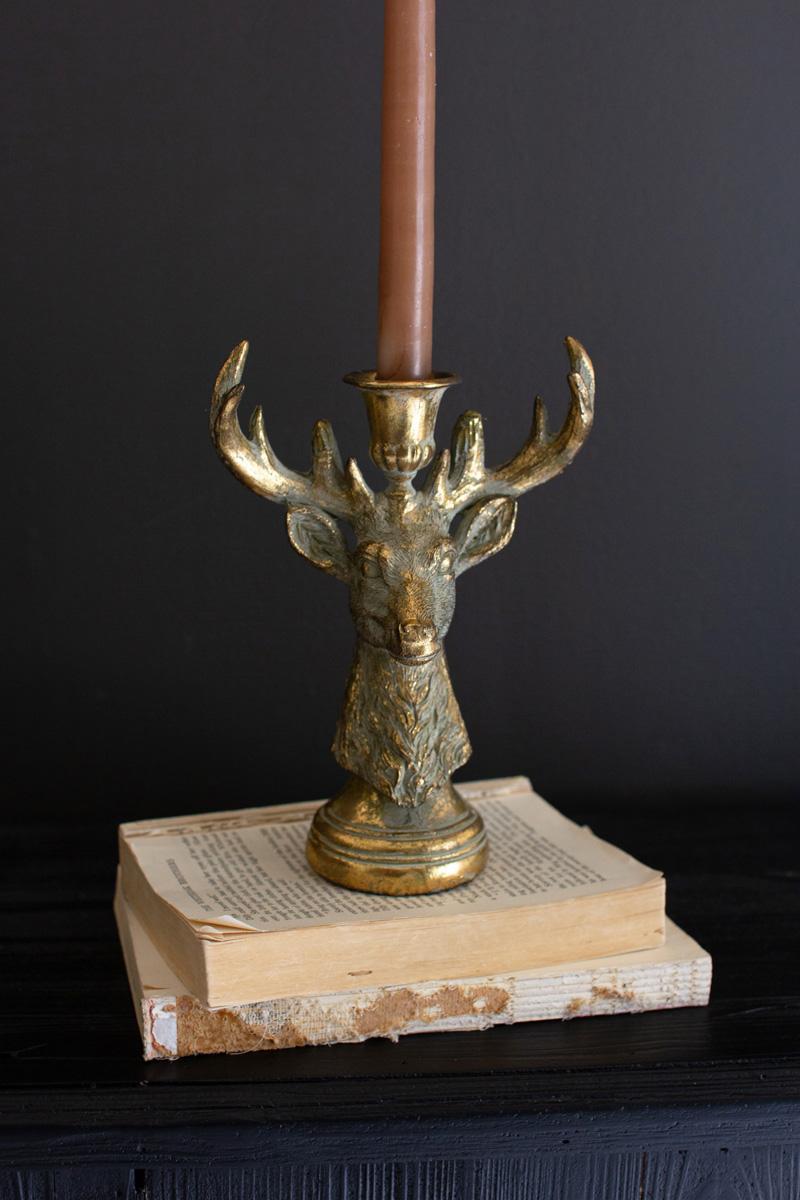 Box of 2 — Gold Deer Resin Taper Candle Holder