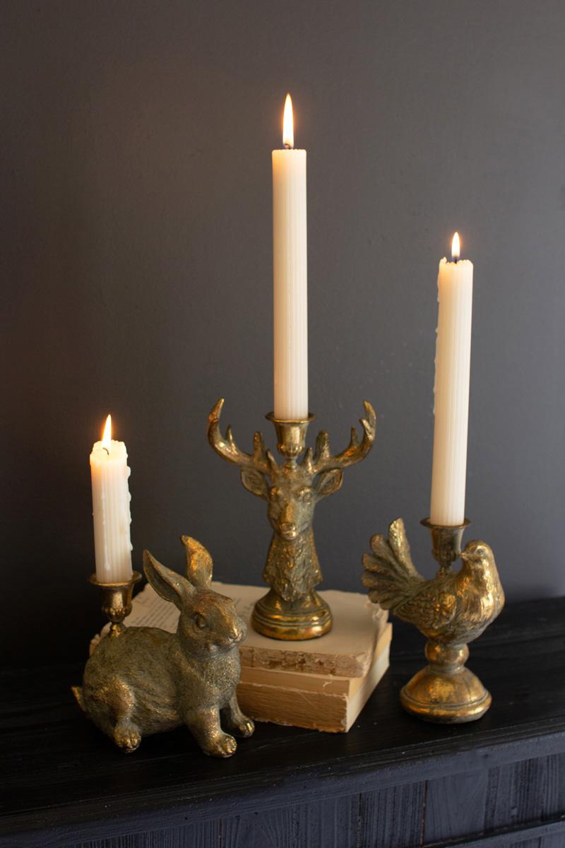 Box of 2 — Gold Deer Resin Taper Candle Holder