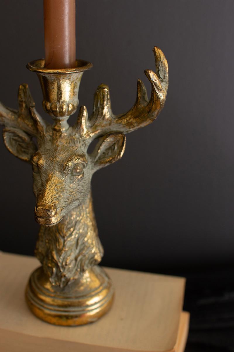 Box of 2 — Gold Deer Resin Taper Candle Holder