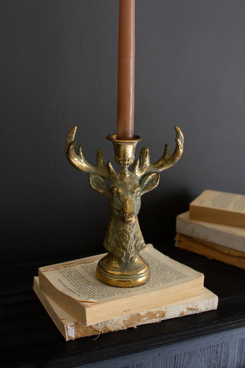 Box of 2 — Gold Deer Resin Taper Candle Holder