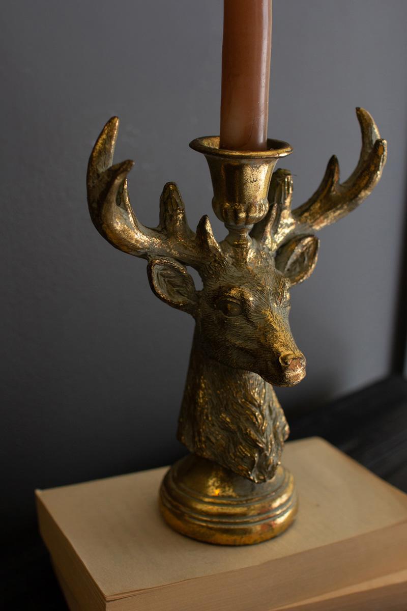 Box of 2 — Gold Deer Resin Taper Candle Holder