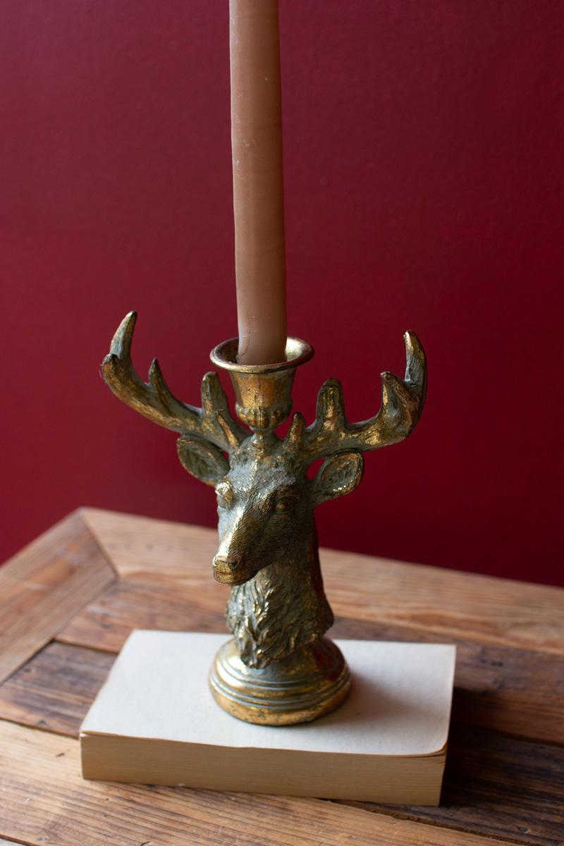 Box of 2 — Gold Deer Resin Taper Candle Holder