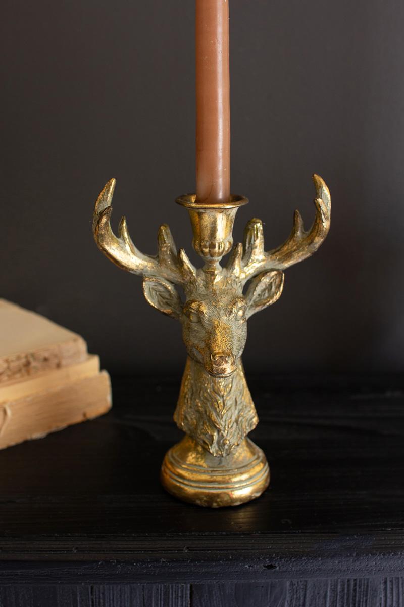 Box of 2 — Gold Deer Resin Taper Candle Holder