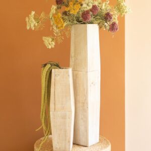 White-Washed Tall Oblong Wooden Vases, White