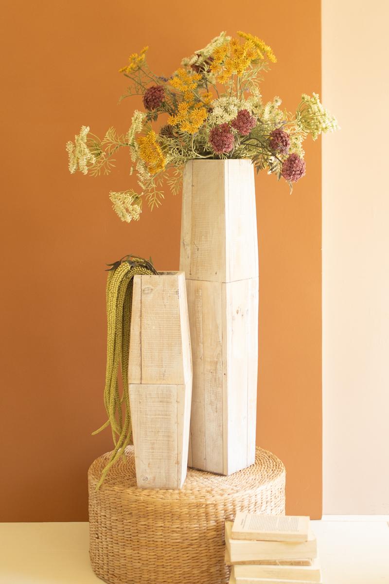 White-Washed Tall Oblong Wooden Vases, White