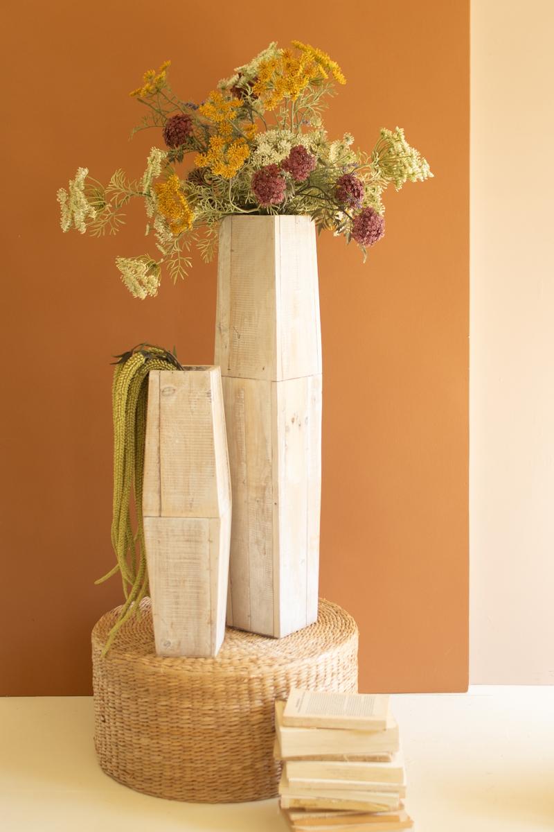 White-Washed Tall Oblong Wooden Vases, White