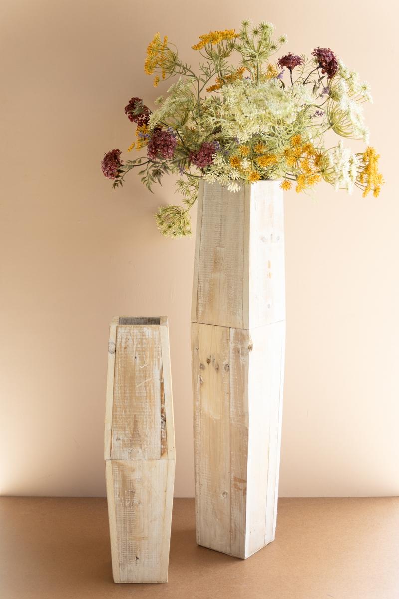 White-Washed Tall Oblong Wooden Vases, White