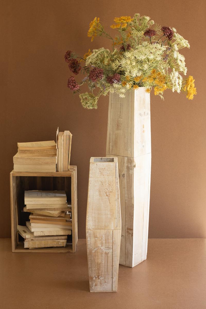 White-Washed Tall Oblong Wooden Vases, White