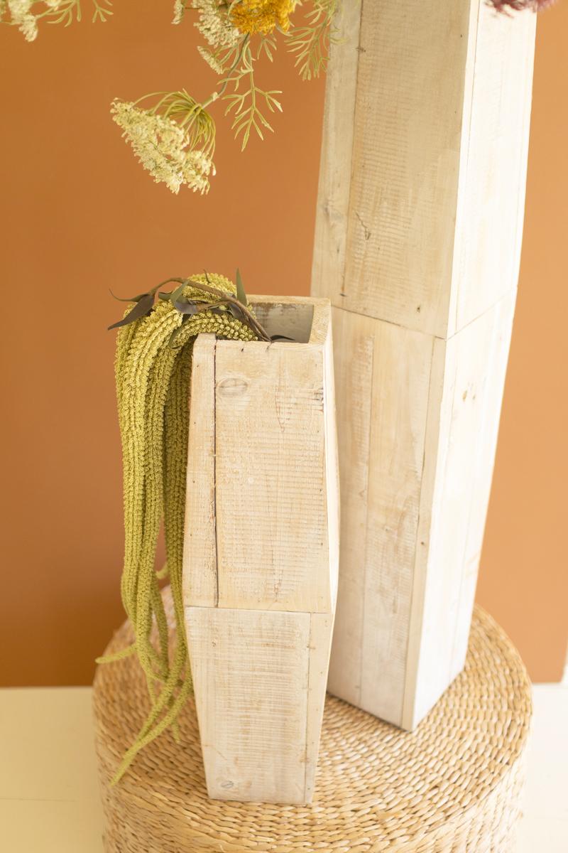 White-Washed Tall Oblong Wooden Vases, White