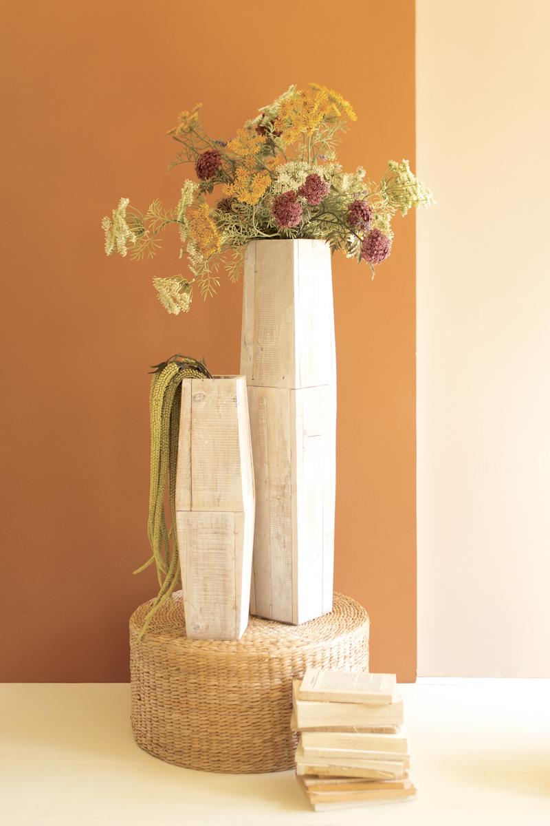 White-Washed Tall Oblong Wooden Vases, White