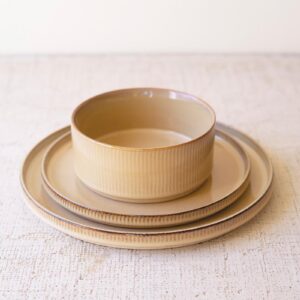 Set 3 Khaki Ceramic Dinner Salad Bowl With Ridges