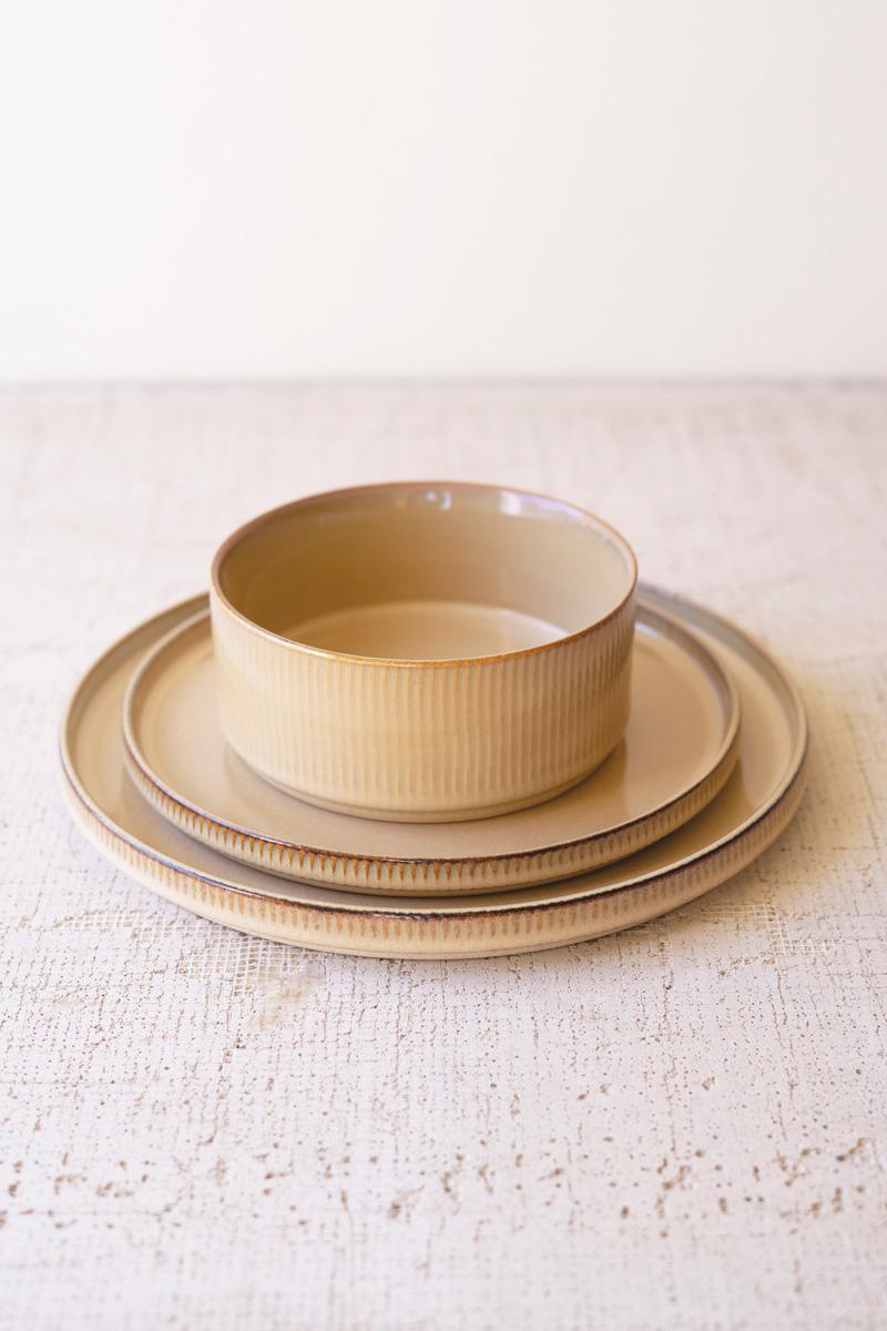 Set 3 Khaki Ceramic Dinner Salad Bowl With Ridges