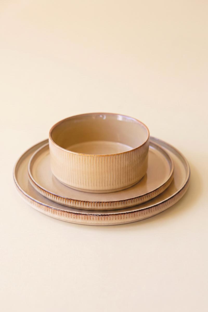 Set 3 Khaki Ceramic Dinner Salad Bowl With Ridges