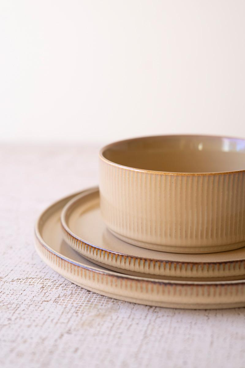 Set 3 Khaki Ceramic Dinner Salad Bowl With Ridges