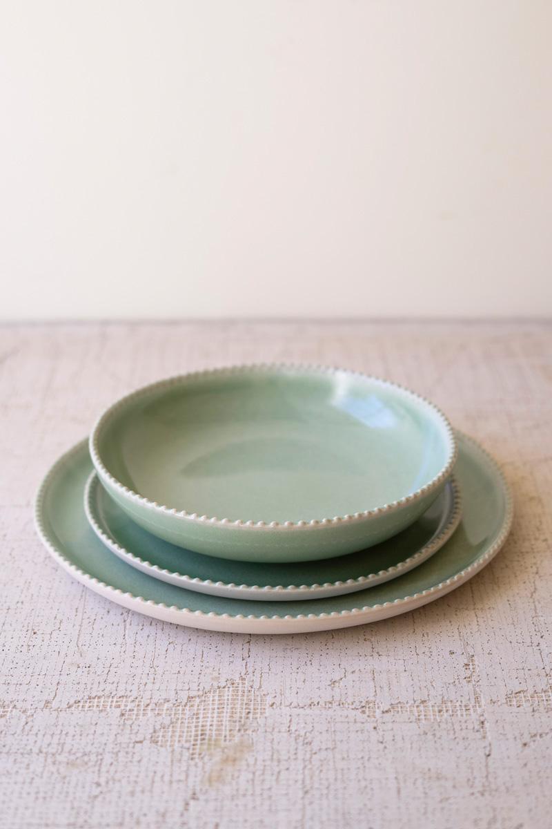 Set Three Sea Mist Ceramic Dinner Plate, Salad Plate And Bowl, Green