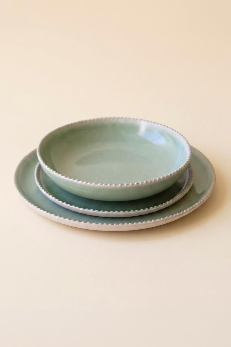 Set Three Sea Mist Ceramic Dinner Plate, Salad Plate And Bowl, Green