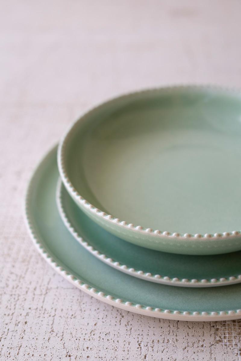 Set Three Sea Mist Ceramic Dinner Plate, Salad Plate And Bowl, Green