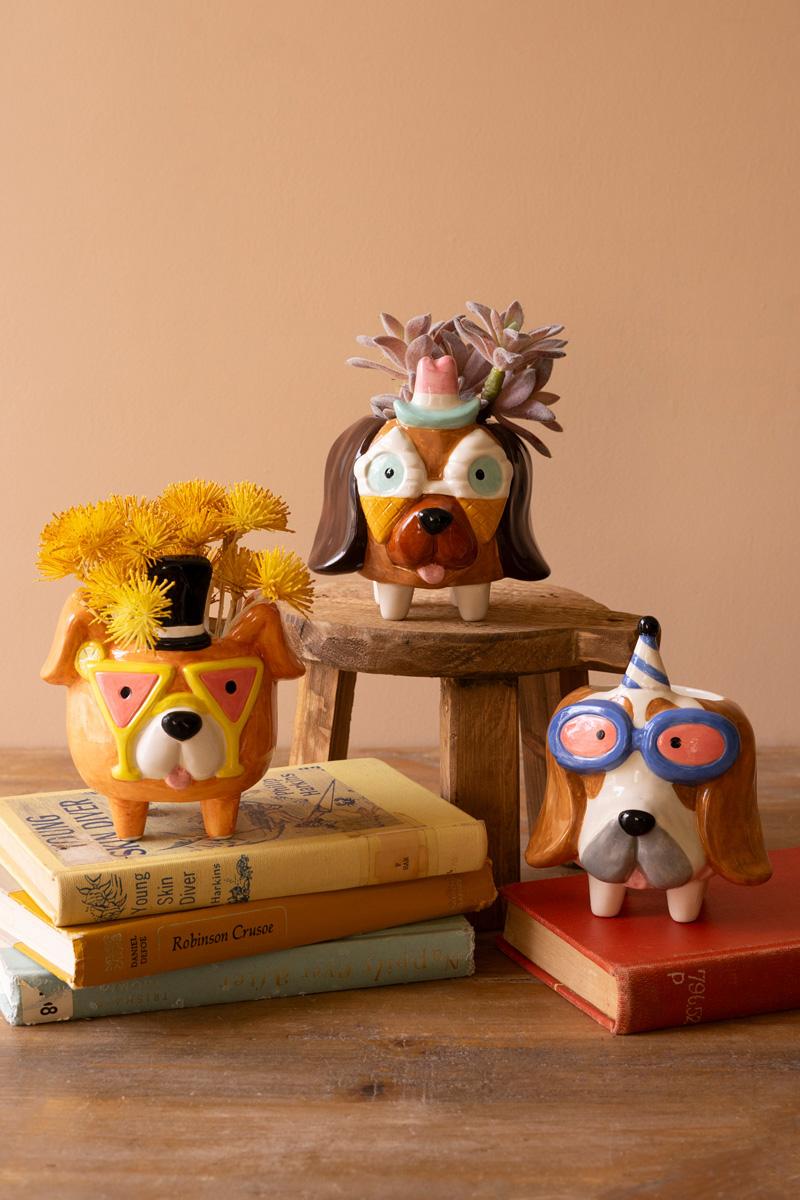 Box of 2 — Set of 3 Ceramic Party Puppy Planters