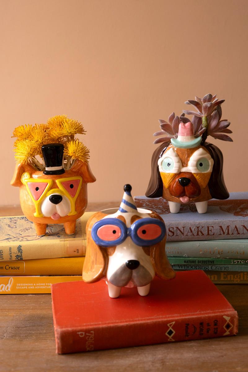 Box of 2 — Set of 3 Ceramic Party Puppy Planters