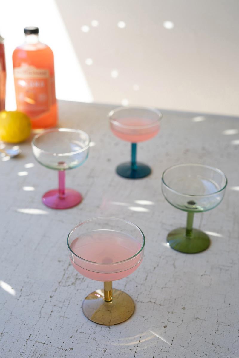 Recycled Glass, Coupe Glasses With Colored Stems – One Each