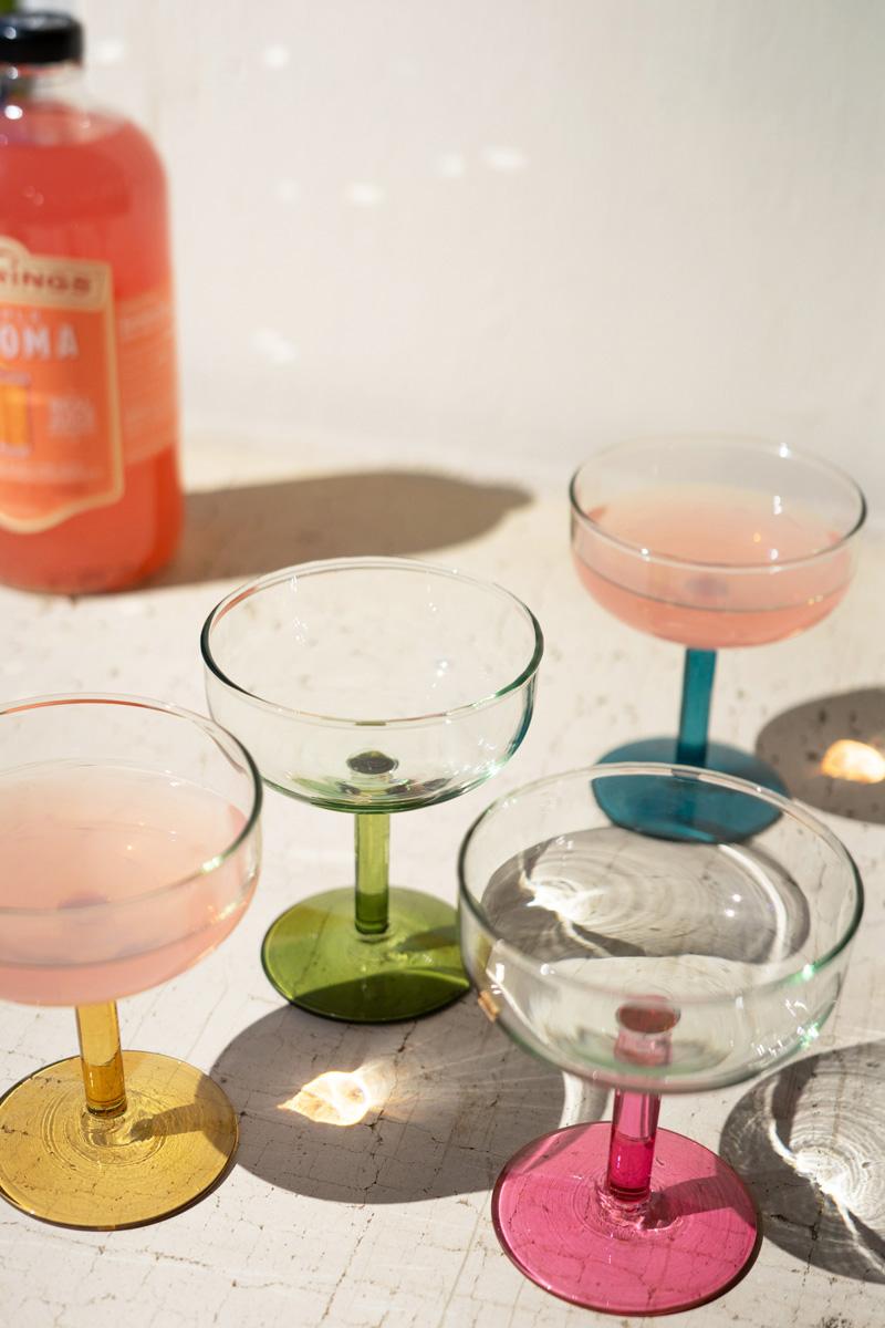 Recycled Glass, Coupe Glasses With Colored Stems – One Each