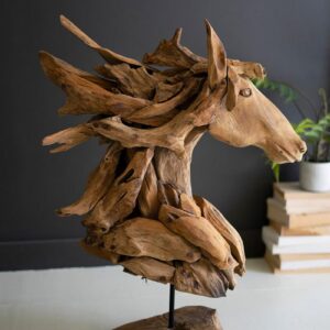 Teakwood Horse Head Sculpture With Iron Base