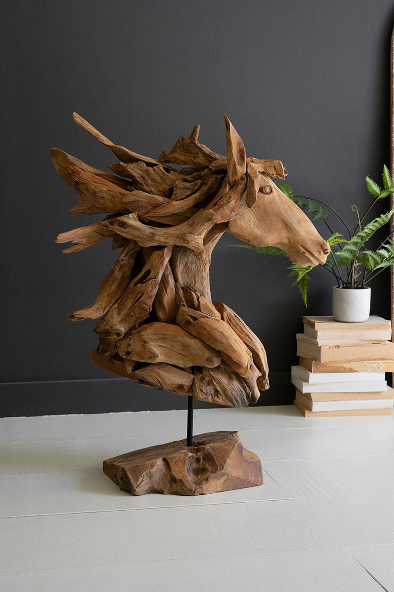 Teakwood Horse Head Sculpture With Iron Base