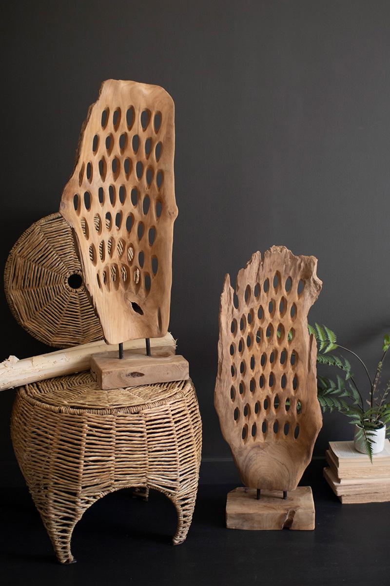 Teakwood, Hand-Carved Teak Wood Scuplture On A Base – Perforated