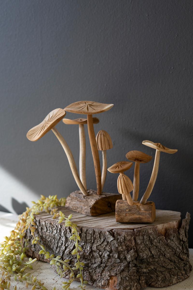 Box of 2 — Set of 2 Hand-Carved Teakwood Mushroom Clusters