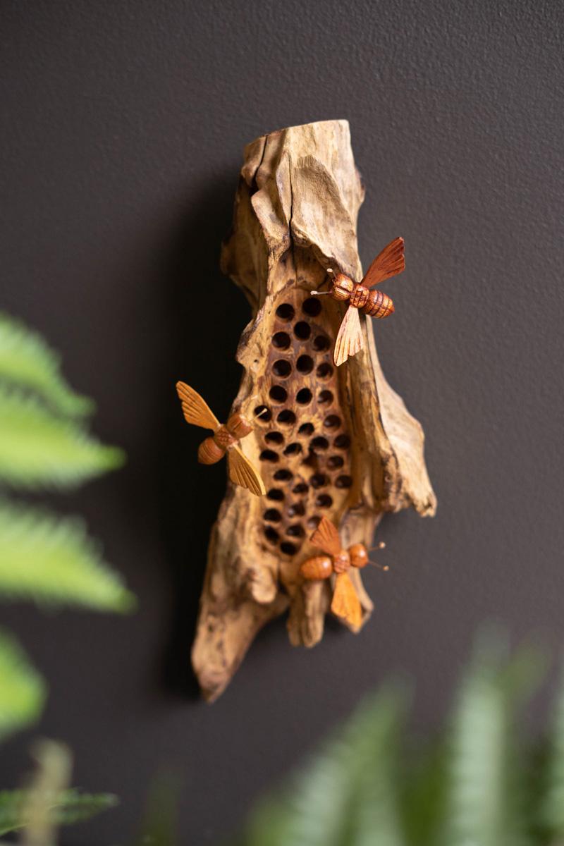 Box of 2 — Repurposed Wall Hanging Sculpture with Hand-Carved Bees