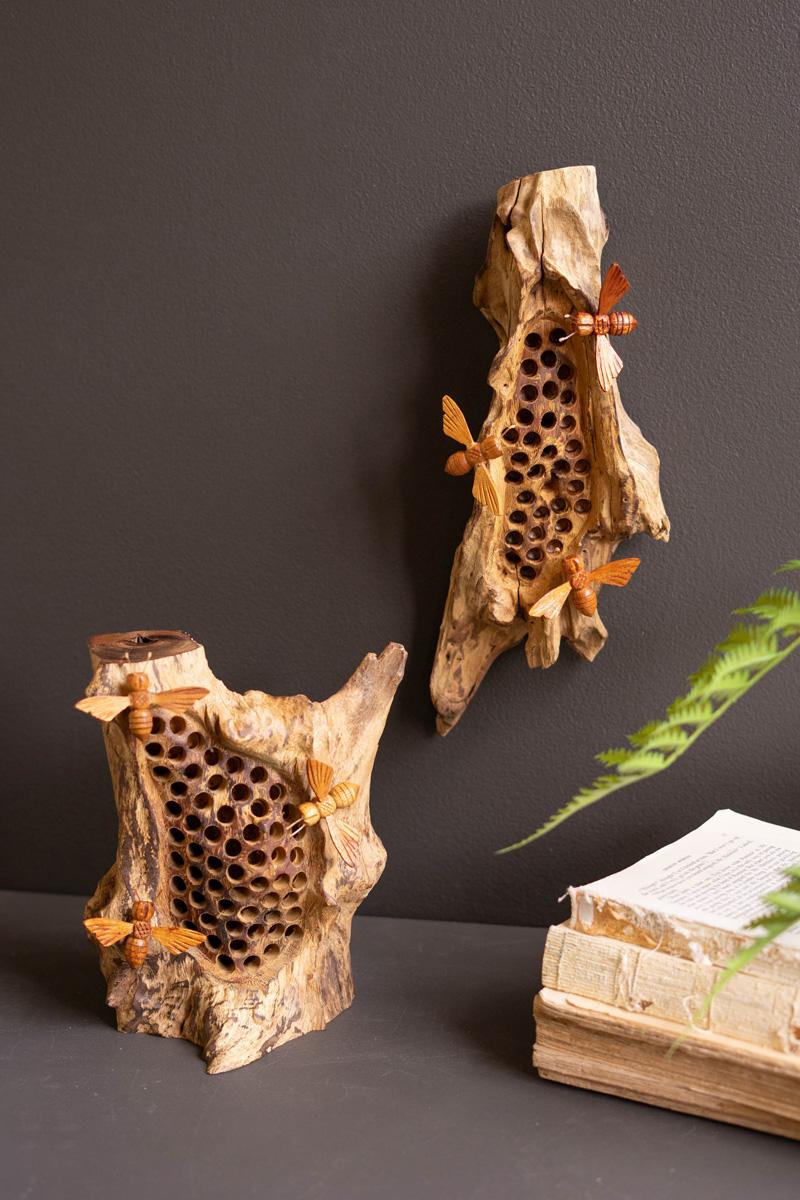 Box of 2 — Repurposed Wall Hanging Sculpture with Hand-Carved Bees