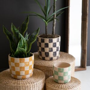 Checkered Clay Planters With Trays