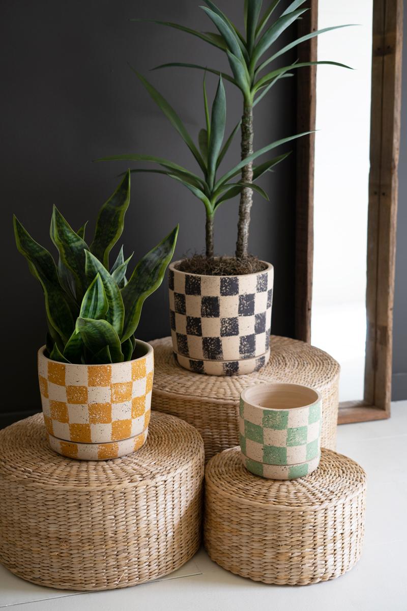 Checkered Clay Planters With Trays