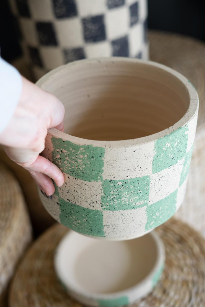 Checkered Clay Planters With Trays
