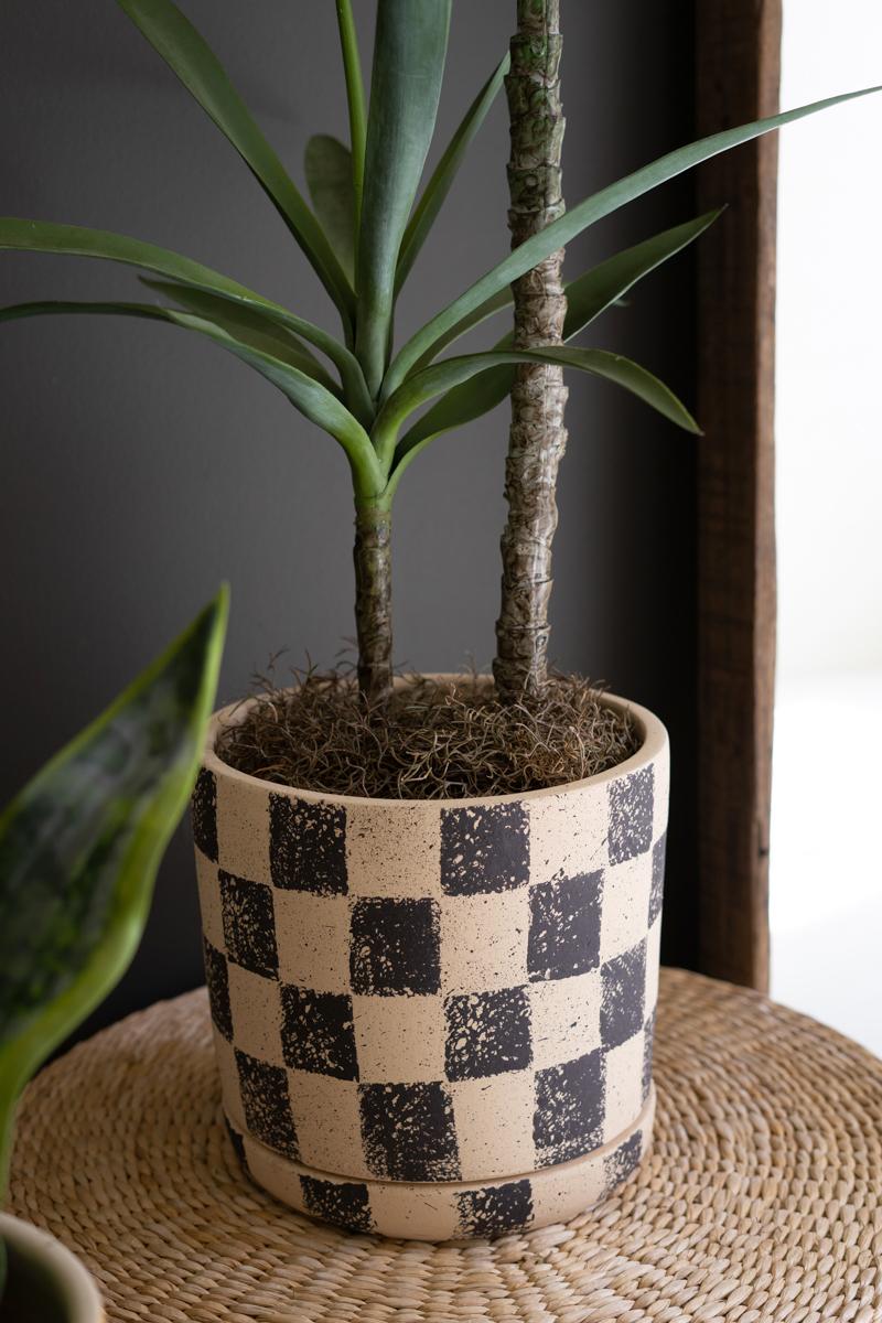 Checkered Clay Planters With Trays