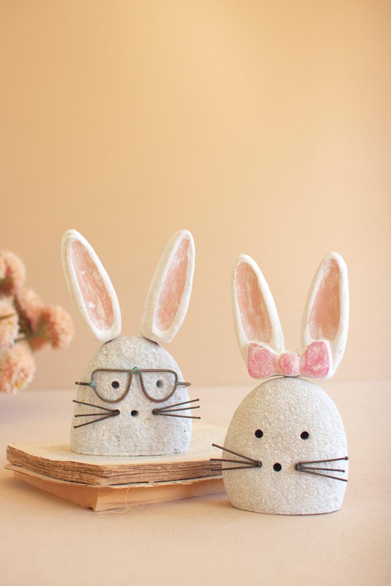 White-Wash Clay And River Rock Bunnies