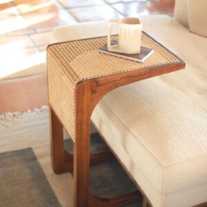 Wood Side Table With Woven Cane Detail