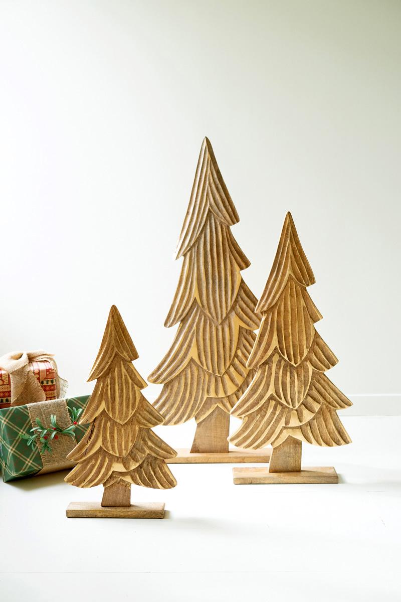 Carved Wooden Christmas Trees On Bases