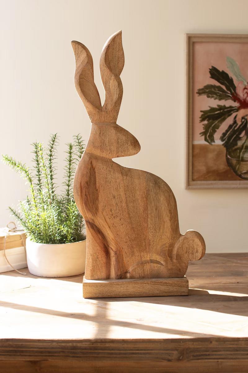 Tall Carved Wooden Rabbit On A Base, Natural/White