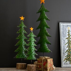 Recycled Metal Christmas Trees On Wood Bases, Green