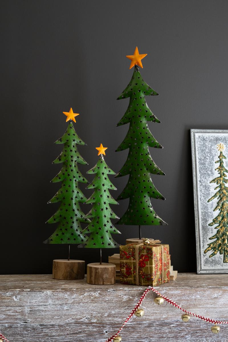 Recycled Metal Christmas Trees On Wood Bases, Green