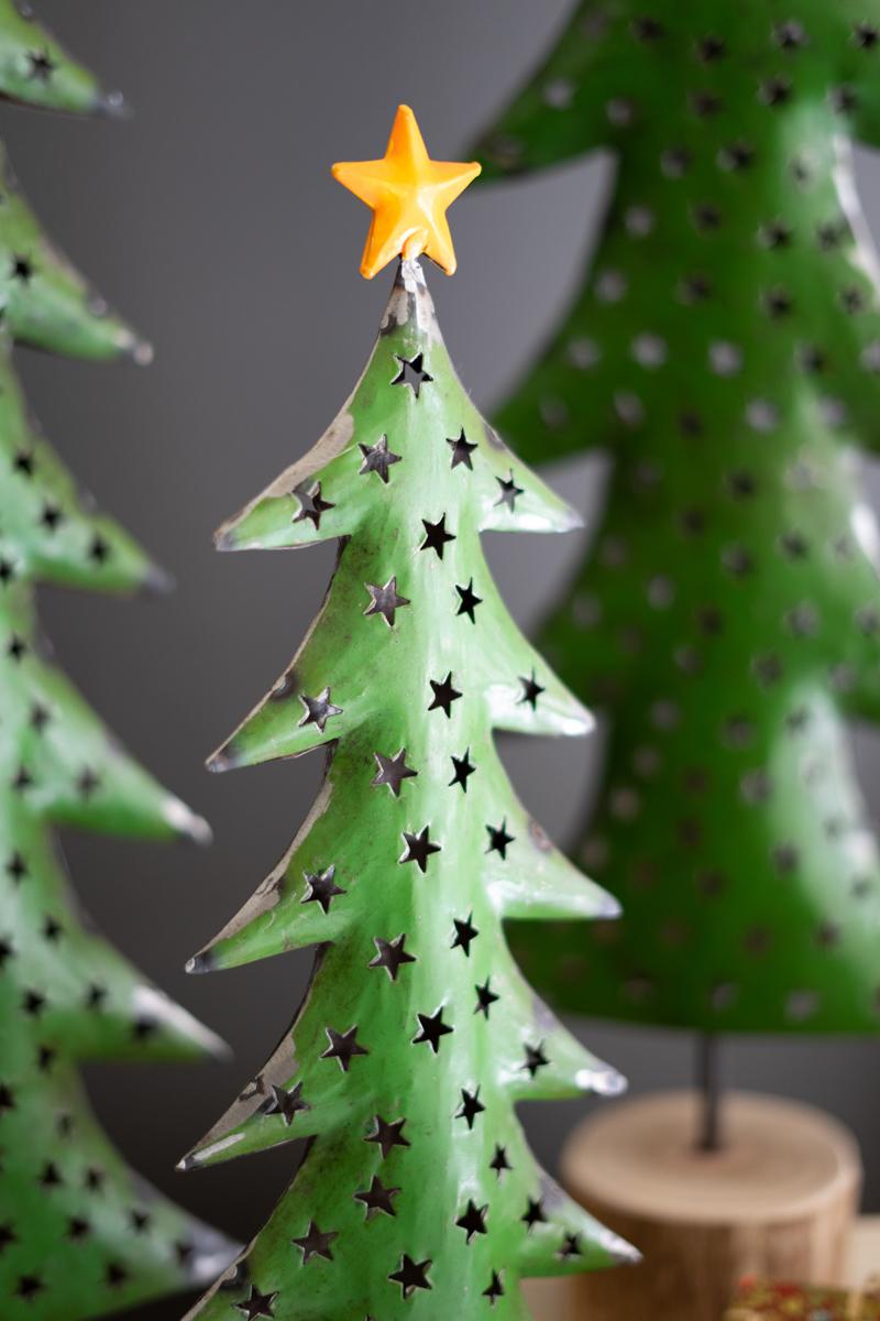 Recycled Metal Christmas Trees On Wood Bases, Green