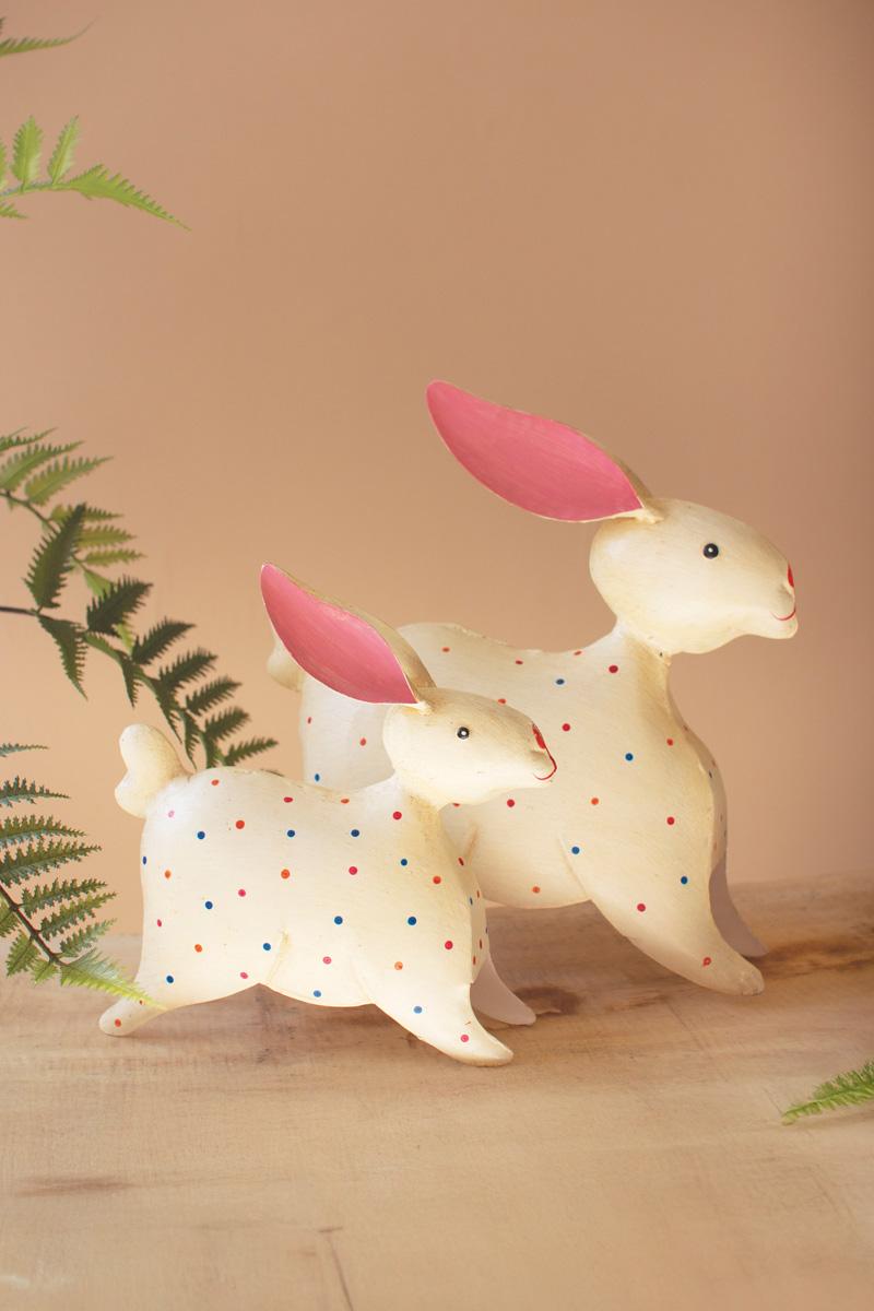 Box of 2 — Set of 2 Painted Iron Rabbits with Polka Dots