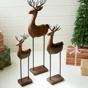 Carved Wood And Iron Reindeer On Bases