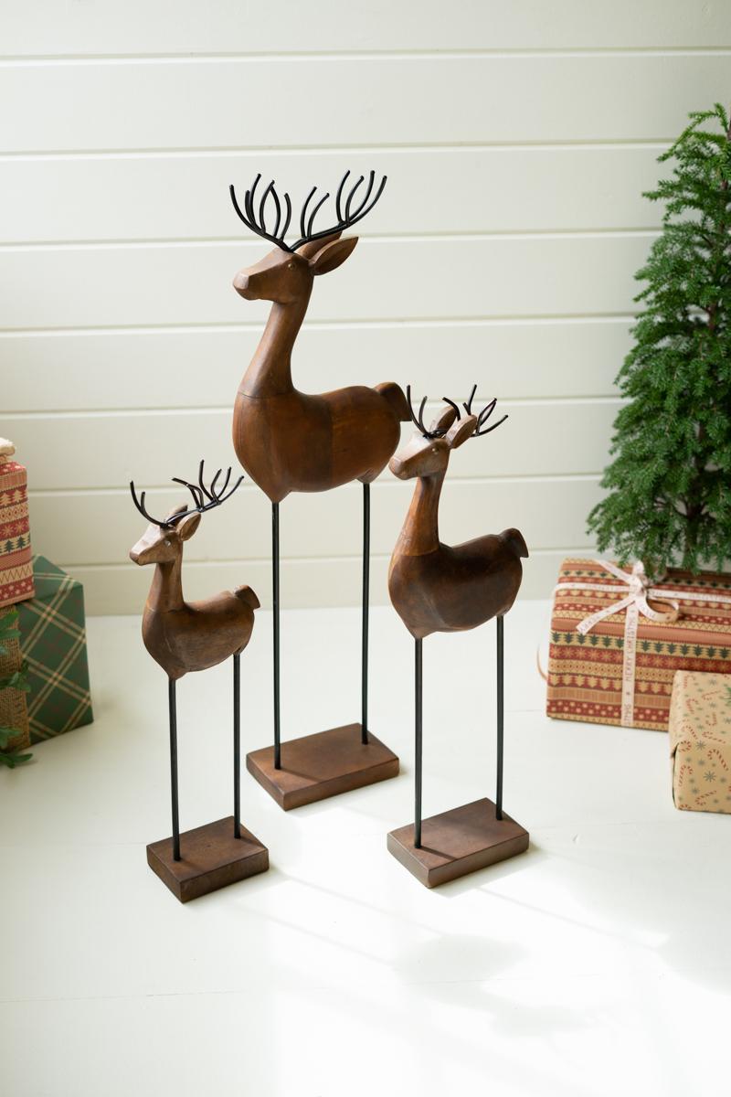 Carved Wood And Iron Reindeer On Bases