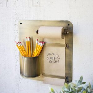 Antique Brass Hanging Note Roll And Pencil Cup, Gold