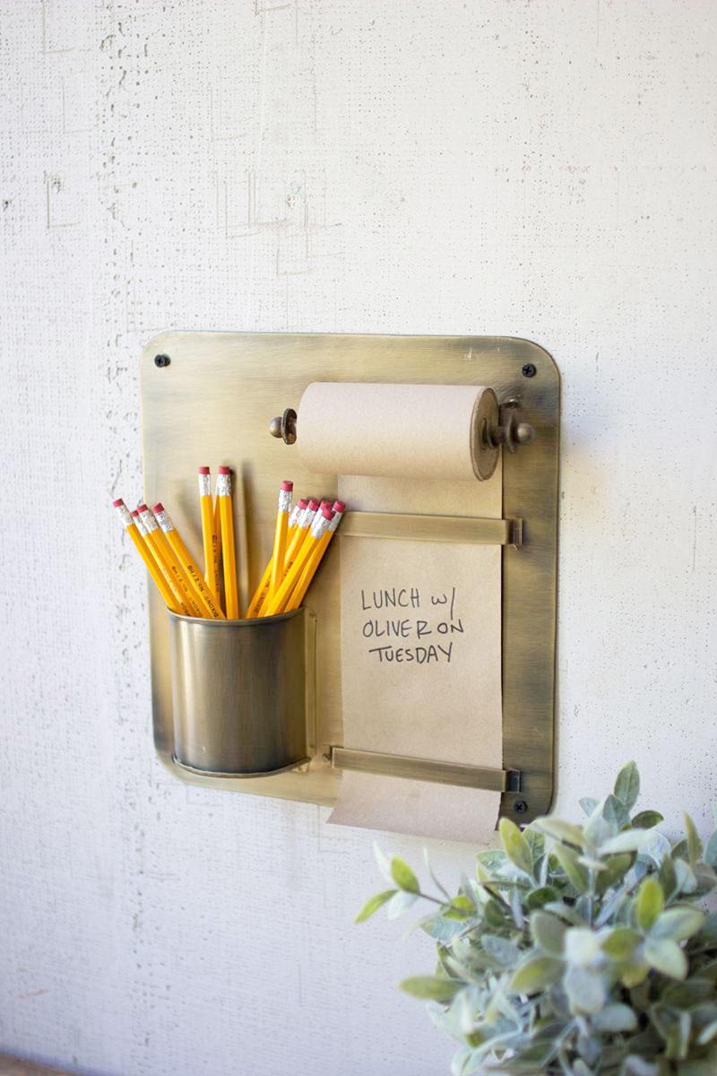 Antique Brass Hanging Note Roll And Pencil Cup, Gold