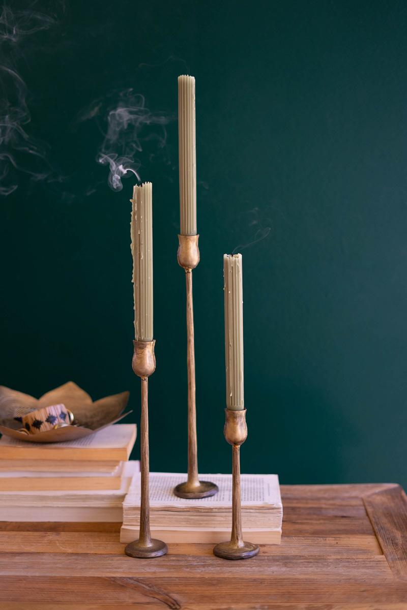 Box of 2 — Set of 3 Antique Brass Finish Metal Taper Candle Holders